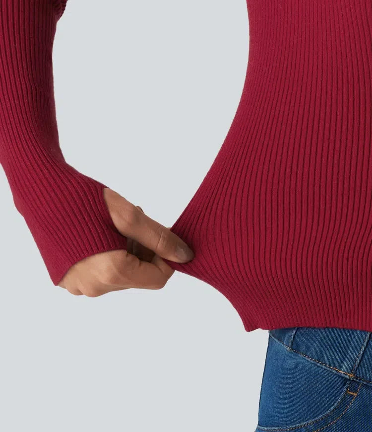 Square Neck Long Sleeve Thumb Hole Casual Jumper
