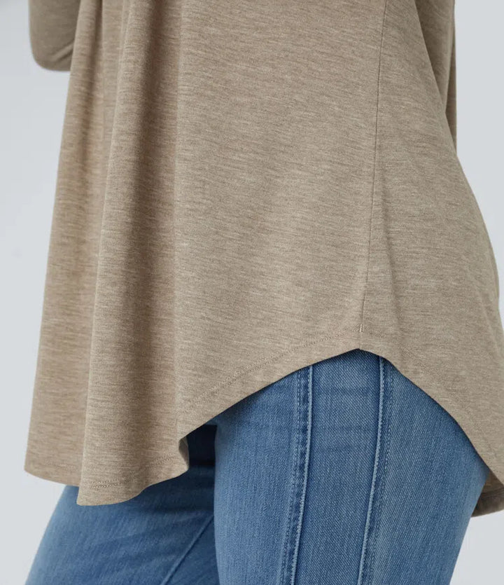 Round Neck Button Long Sleeve Curved Hem Casual Top