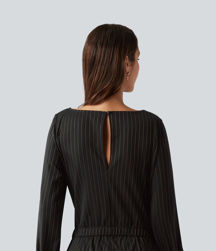 Boat Neck Long Sleeve Tie Side Cool Touch Stripe Work Jumpsuit with Pockets-Easy Peezy Edition