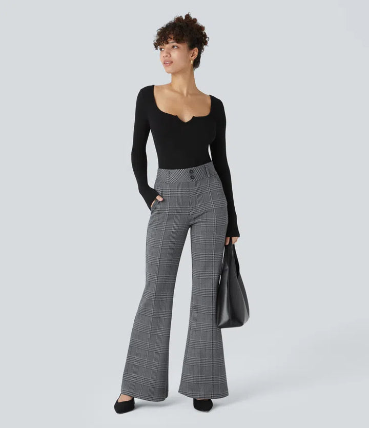 Halara Flex High Waisted Decorative Pocket Houndstooth Plaid Work Flared Trousers