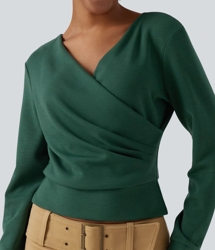 V Neck Long Sleeve Crossover Ruched Yoga Sweatshirt
