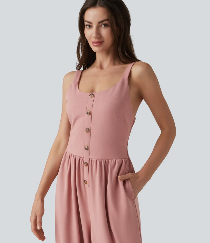 U-Neck Sleeveless Shirred Decorative Buttons Waffle Casual Wide Leg Jumpsuit with Pockets-Easy Peezy