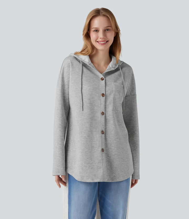Hooded Drawstring Long Sleeve Curved Hem Casual Sweatshirt with Pocket
