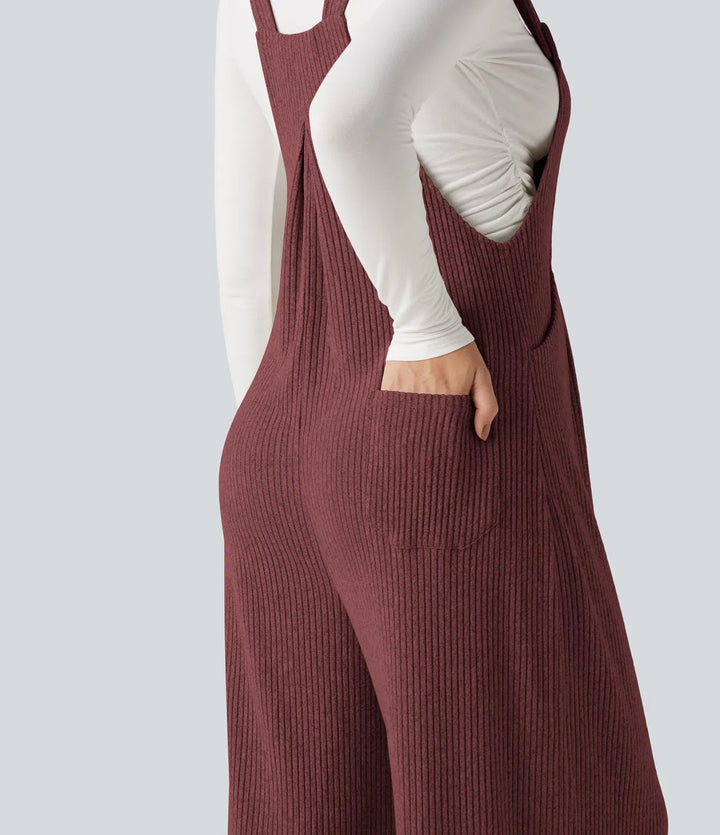 Ribbed Knit Casual Dungarees with Pockets