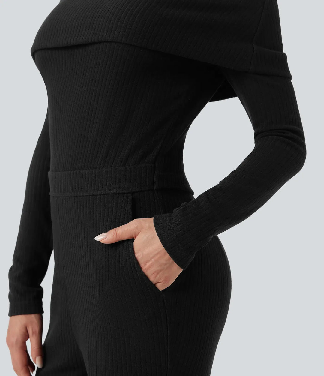 Ribbed Knit Foldover Off Shoulder Long Sleeve Bootcut Casual Jumpsuit with Pockets-Easy Peezy Edition