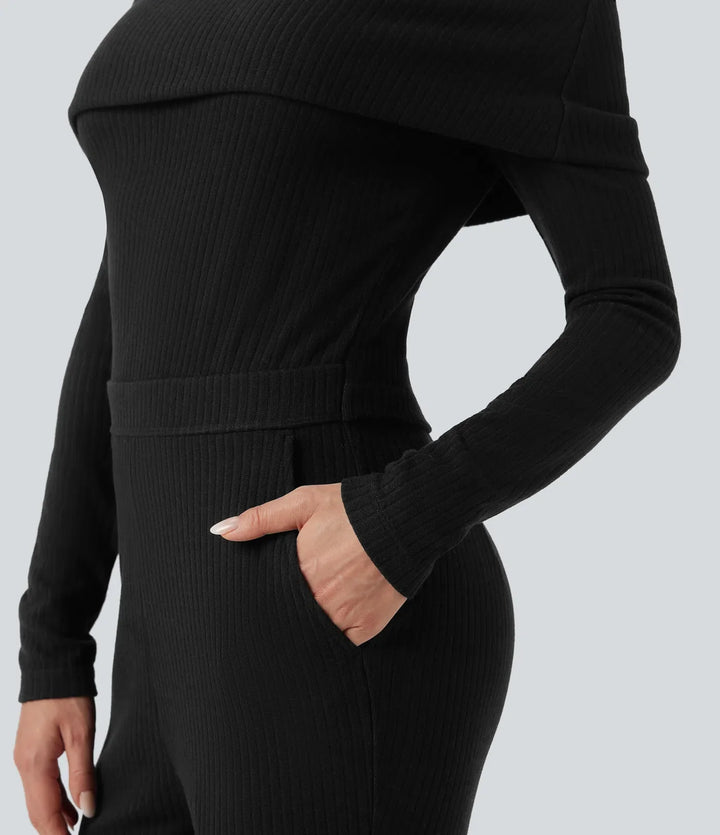 Ribbed Knit Foldover Off Shoulder Long Sleeve Bootcut Casual Jumpsuit with Pockets-Easy Peezy Edition