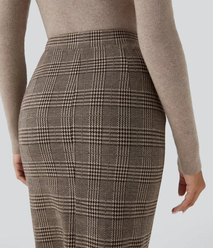 High Waisted Hem Houndstooth Plaid Work Pencil Skirt