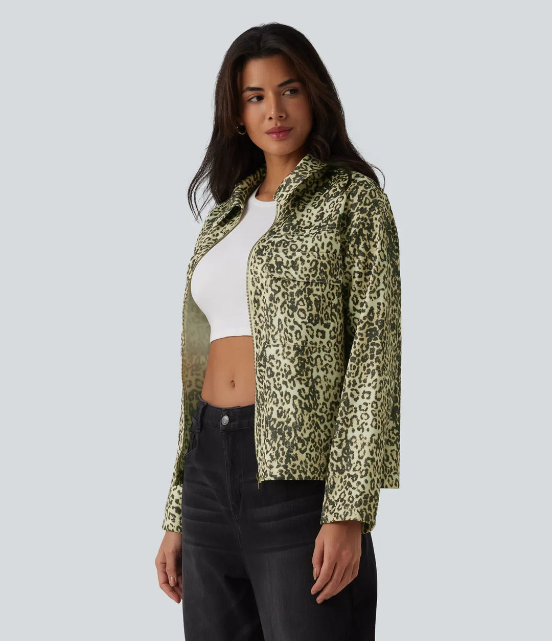 Long Sleeve Zipper Leopard Print Casual Jacket with Pockets