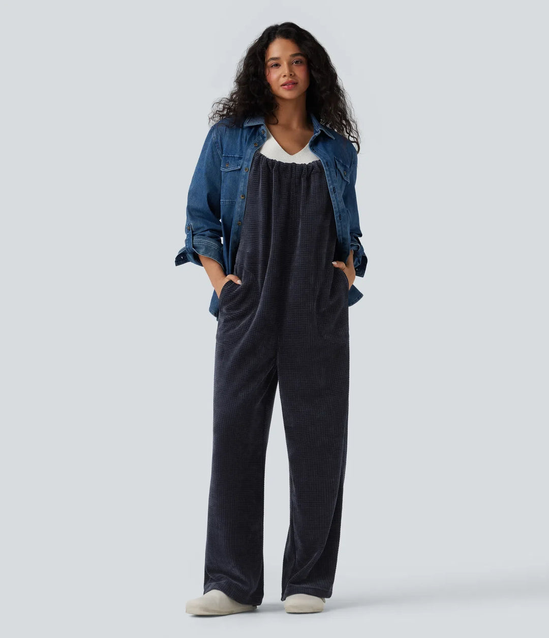 Tie Back Chenille Waffle Casual Overalls with Pockets
