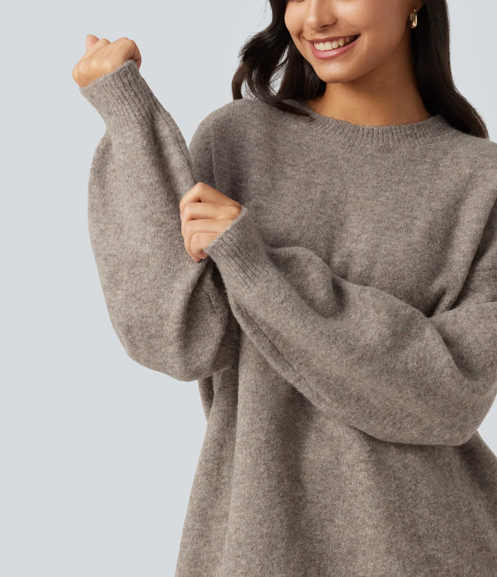 Round Neck Dropped Long Sleeve Work Wool-Blend Jumper