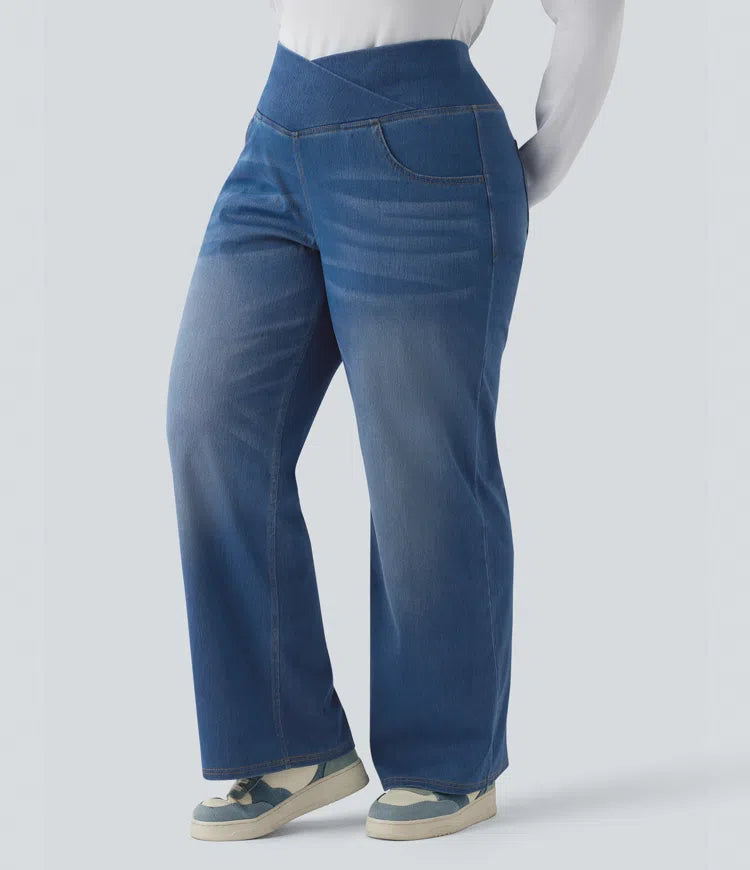 Halara Flex Crossover High Waisted Tummy Control Casual Straight Leg Plus Size Jeans with Pockets