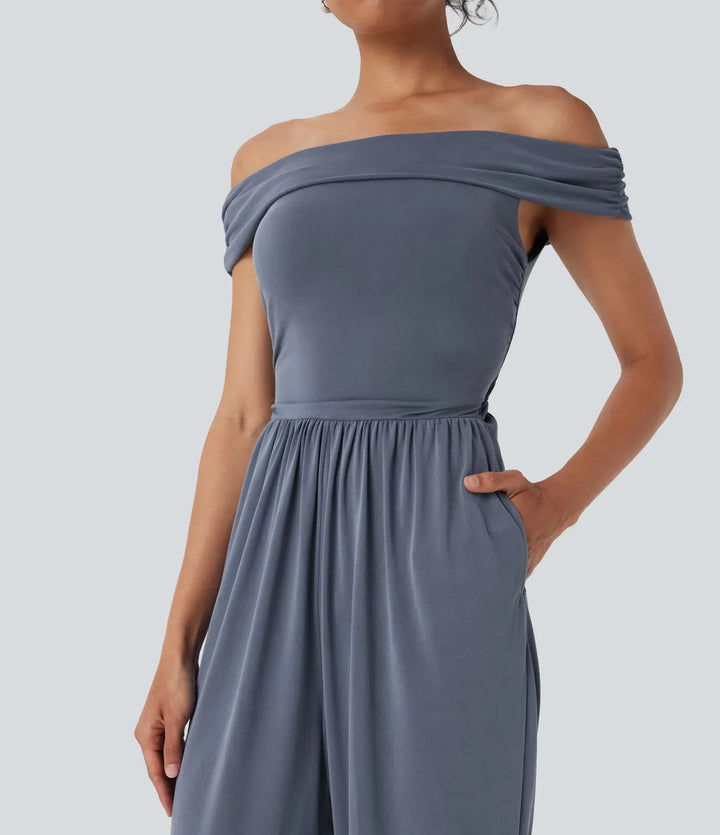 Off Shoulder Back Zipper Casual Jumpsuit with Pockets-Easy Peezy