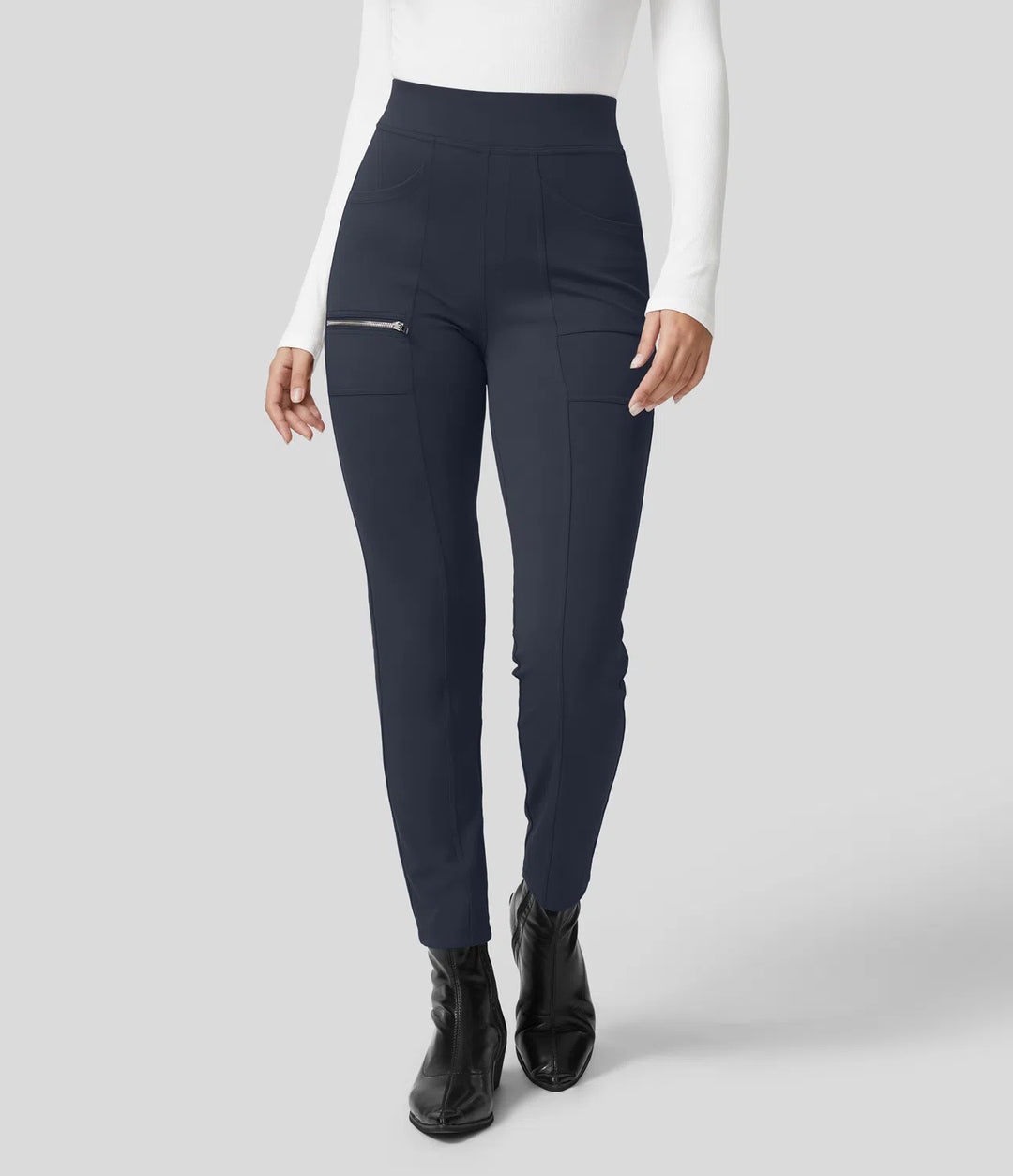 High Waisted Pockets Zipper Casual Slim Trousers