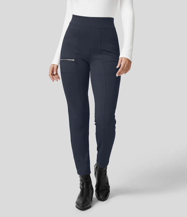 High Waisted Pockets Zipper Casual Slim Trousers