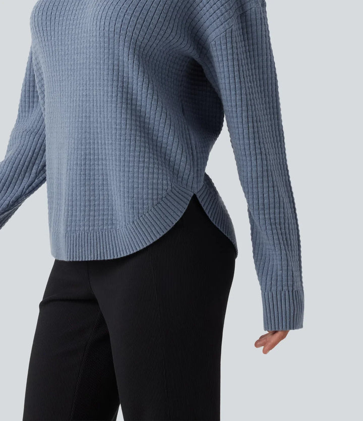Round Neck Long Sleeve Curved Hem Work Jumper
