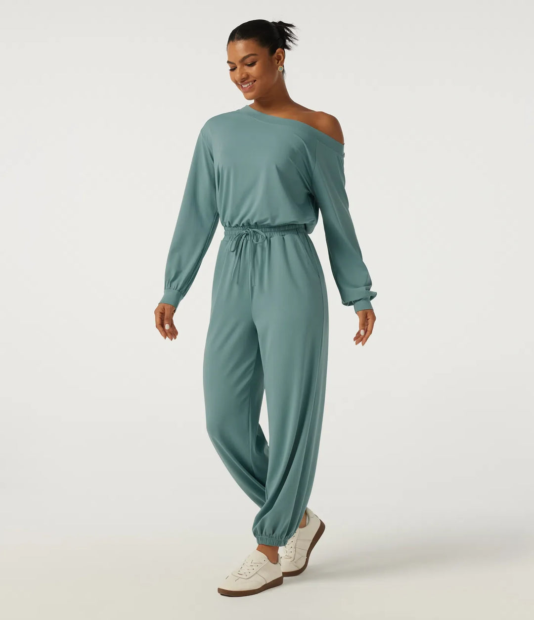 One Shoulder Long Sleeve Drawstring Casual Jumpsuit with Pockets - Easy Peezy Edition