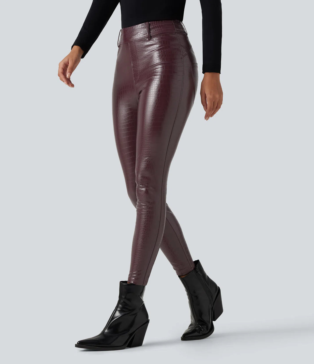 High Waisted Snakeskin Print Stretchy PU Fleece Casual Leggings with Pockets