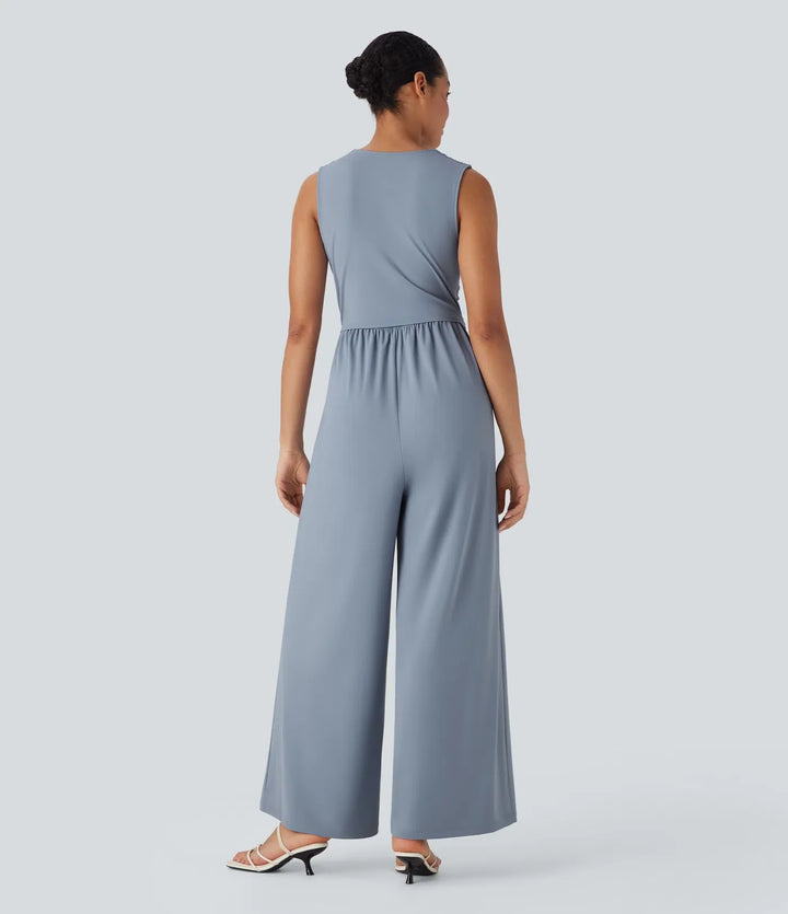 SoftlyZero Airy V Neck Sleeveless Ruched Pocket InstantCool Casual Jumpsuit-Easy Peezy