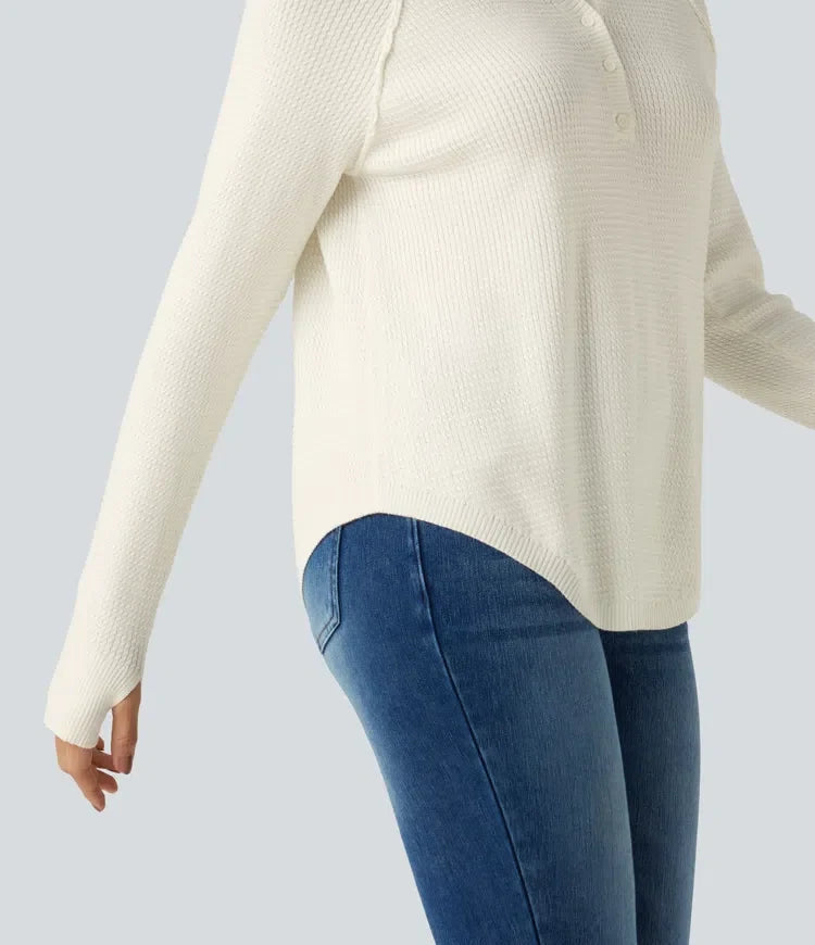Henley Neck Long Sleeve Thumb Hole Curved Hem Casual Jumper