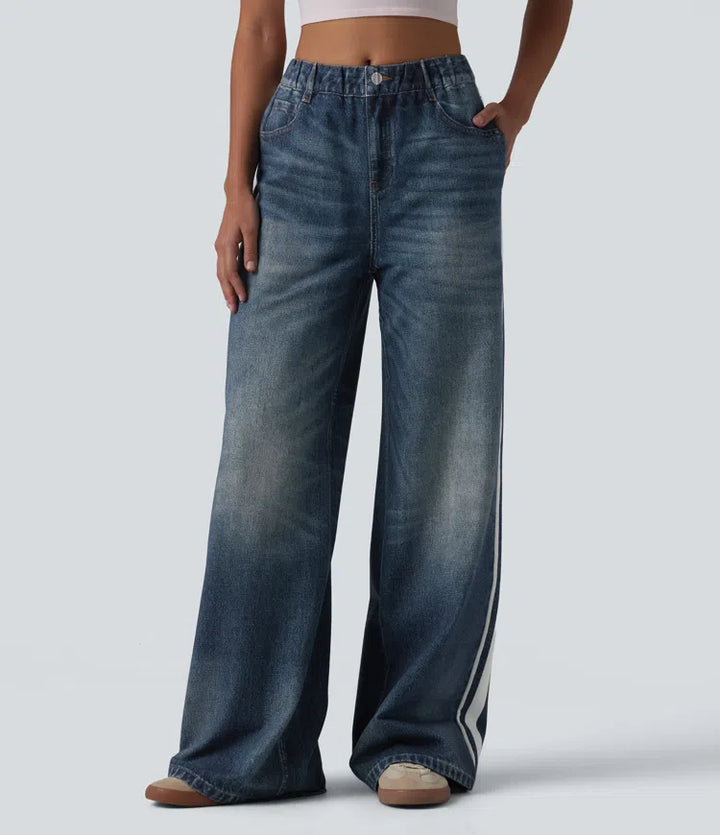 Mid Rise Denim Print French Terry Stripe Casual Sweattrousers Jeans with Pockets