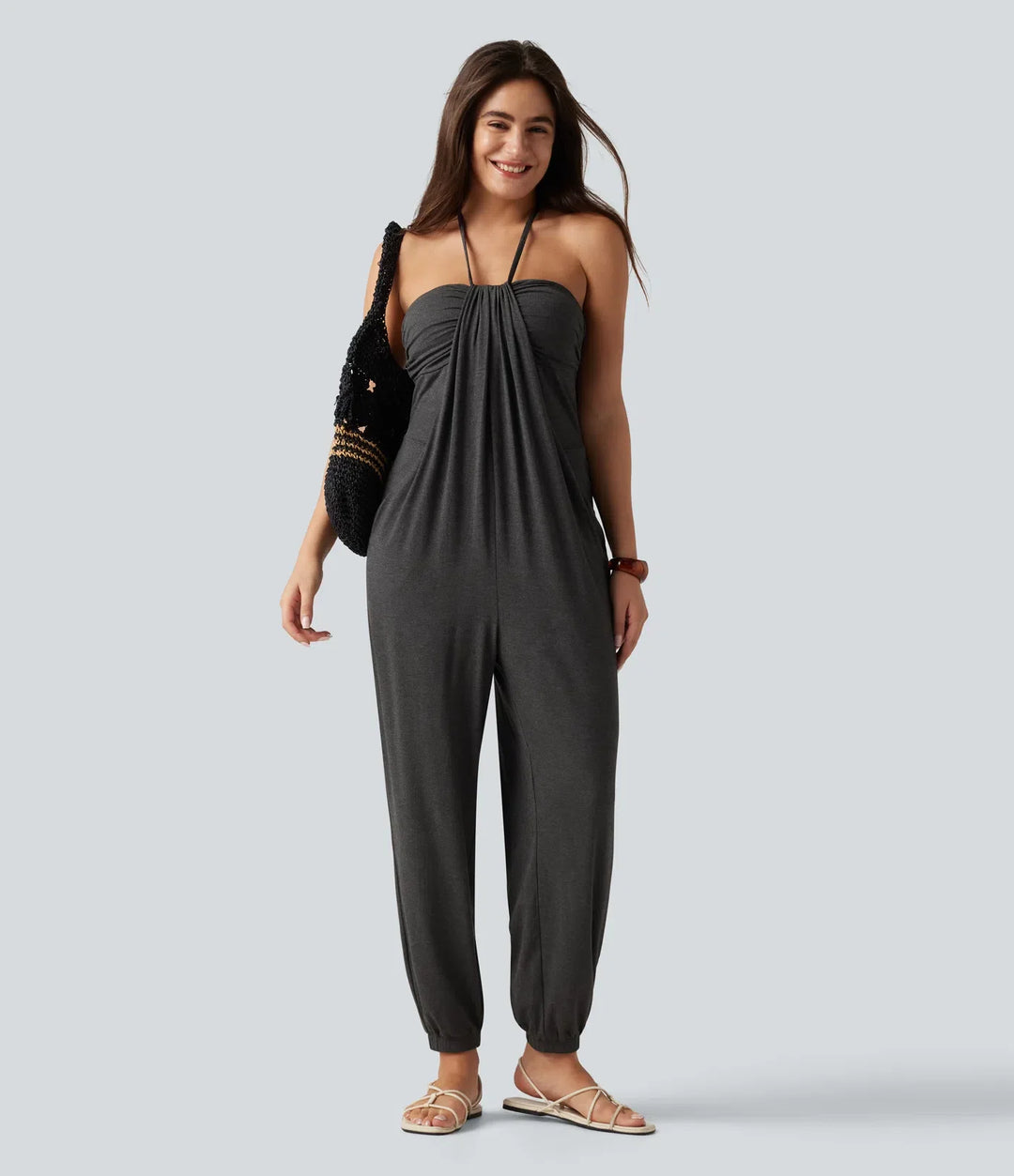 Halter Tie-back Built-in Bra Resort Tapered Jumpsuit with Pockets