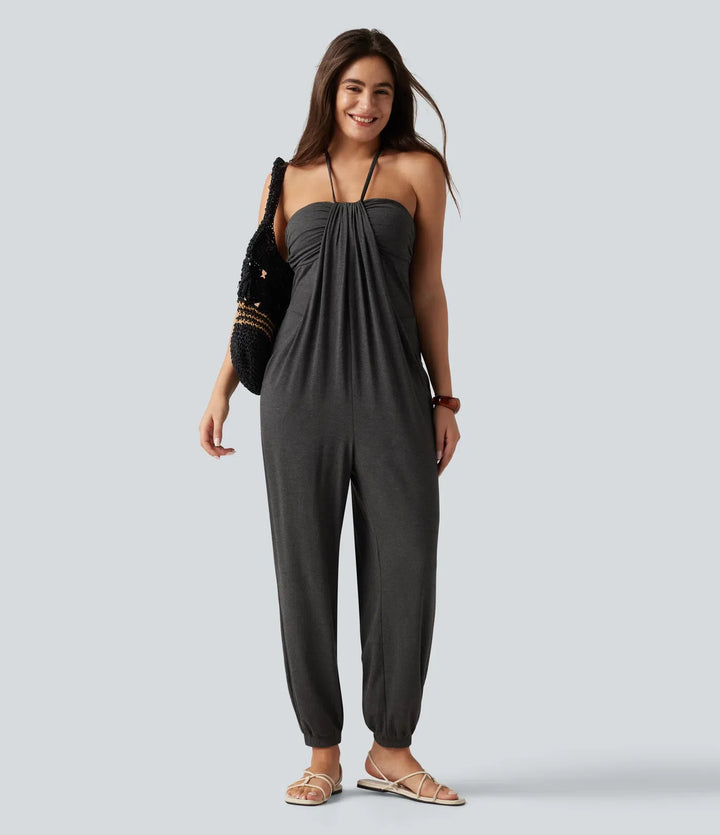 Halter Tie-back Built-in Bra Resort Tapered Jumpsuit with Pockets