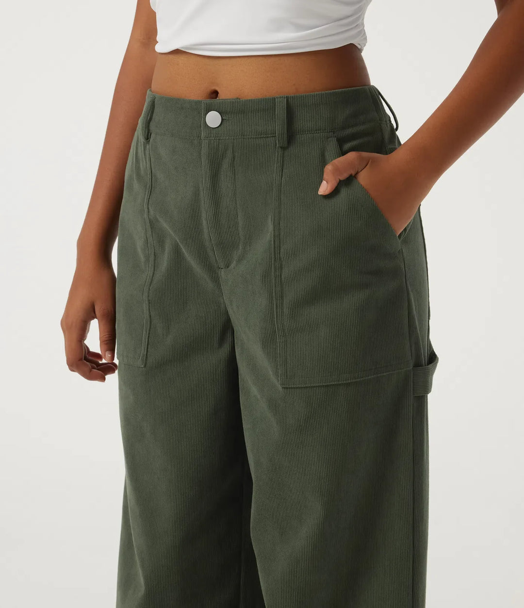 Mid Rise Wide Leg Corduroy Casual Trousers with Pockets
