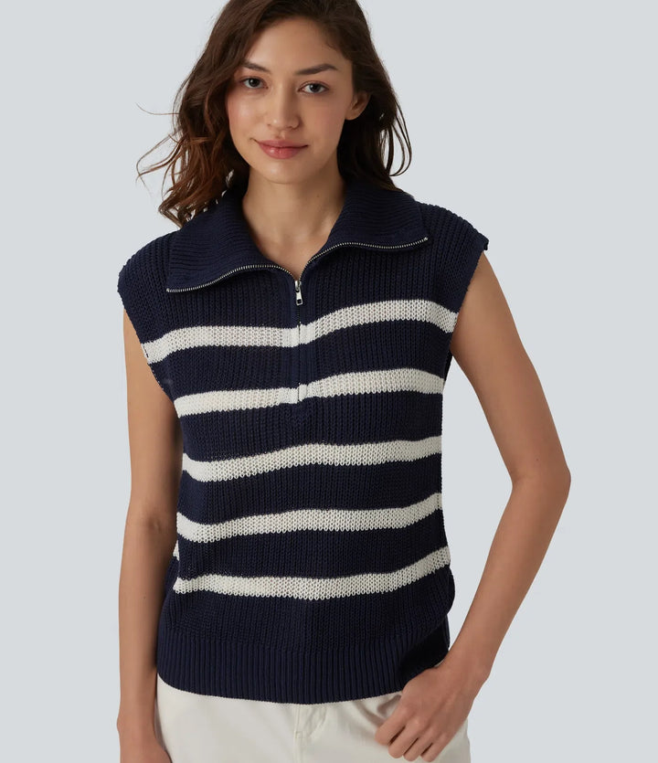 Half Zip Sleeveless Stripe Casual Jumper