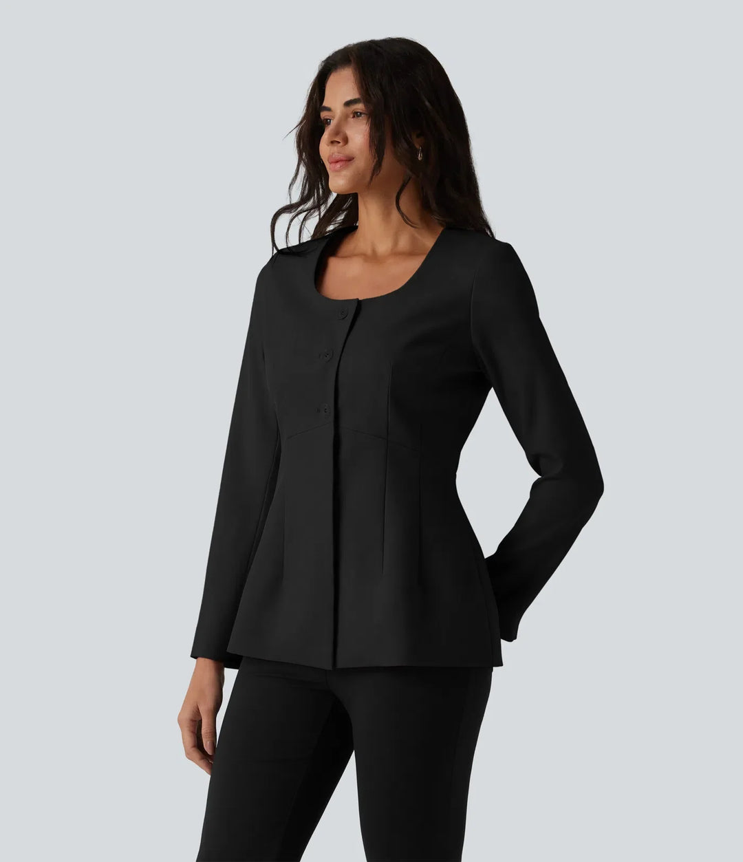 Wrinkle Recovery U Neck Long Sleeve Work Linen-Feel Blazer