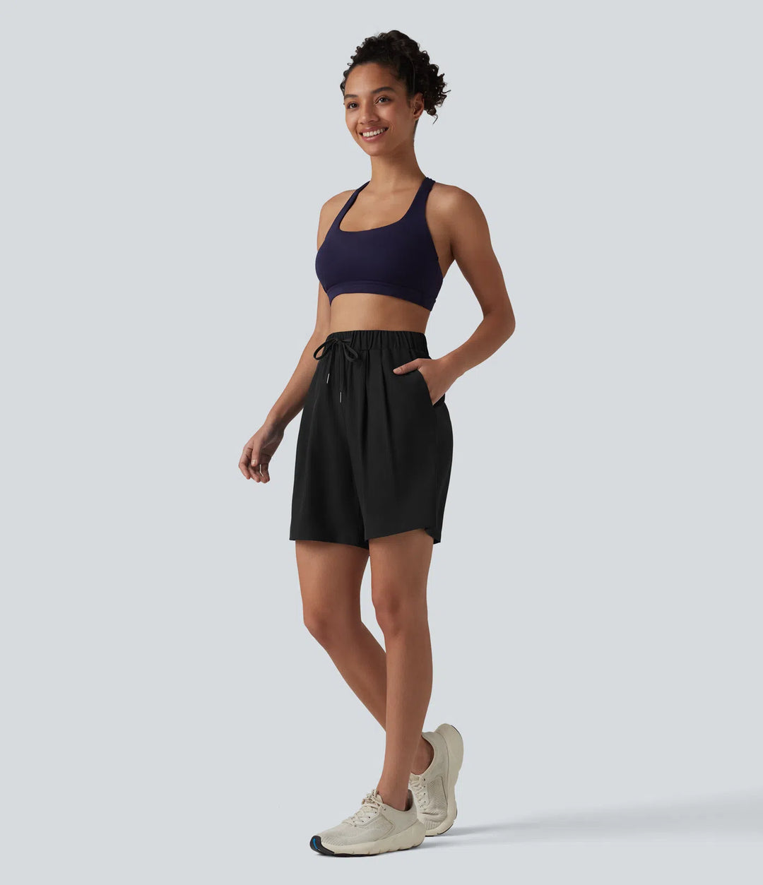 High Waisted Elastic Waistband Drawstring Pleated Yoga Shorts 7&
