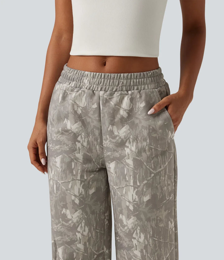 Mid Rise Straight Leg Patterned Inner Drawstring Fleece Casual SweatTrousers with Pockets