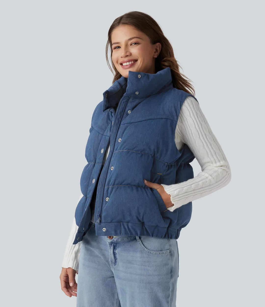 Halara Flex Denim Stand Collar Casual Puffer Vest with Pockets