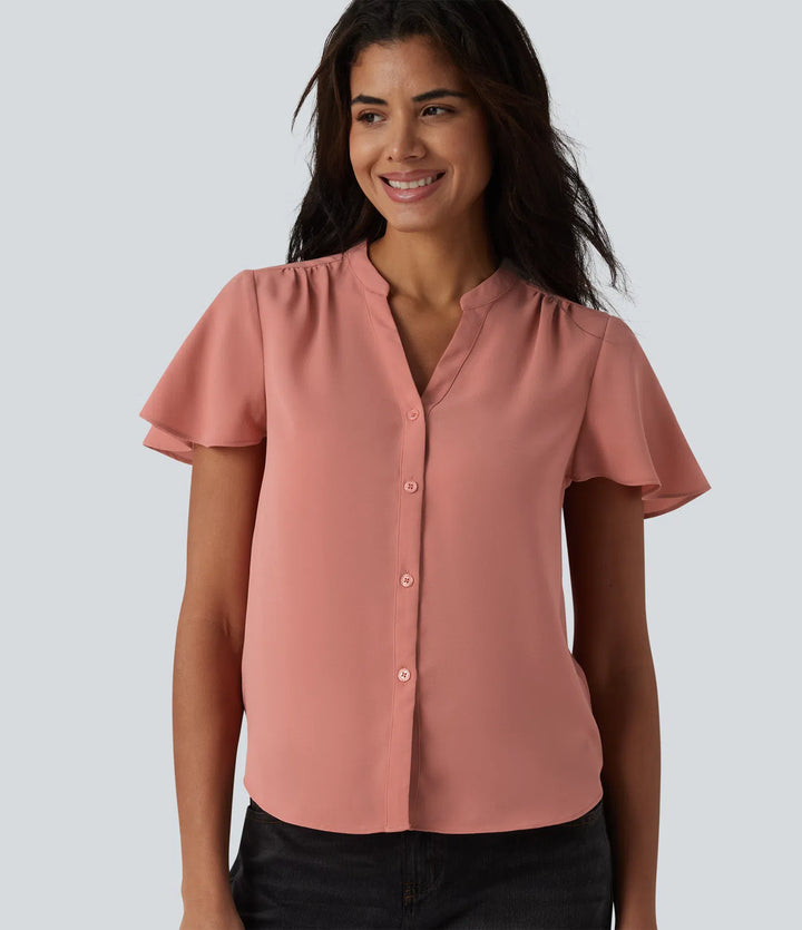 V-neck Flounce Sleeve Curved Hem Casual Blouse