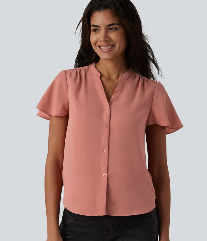 V-neck Flounce Sleeve Curved Hem Casual Blouse