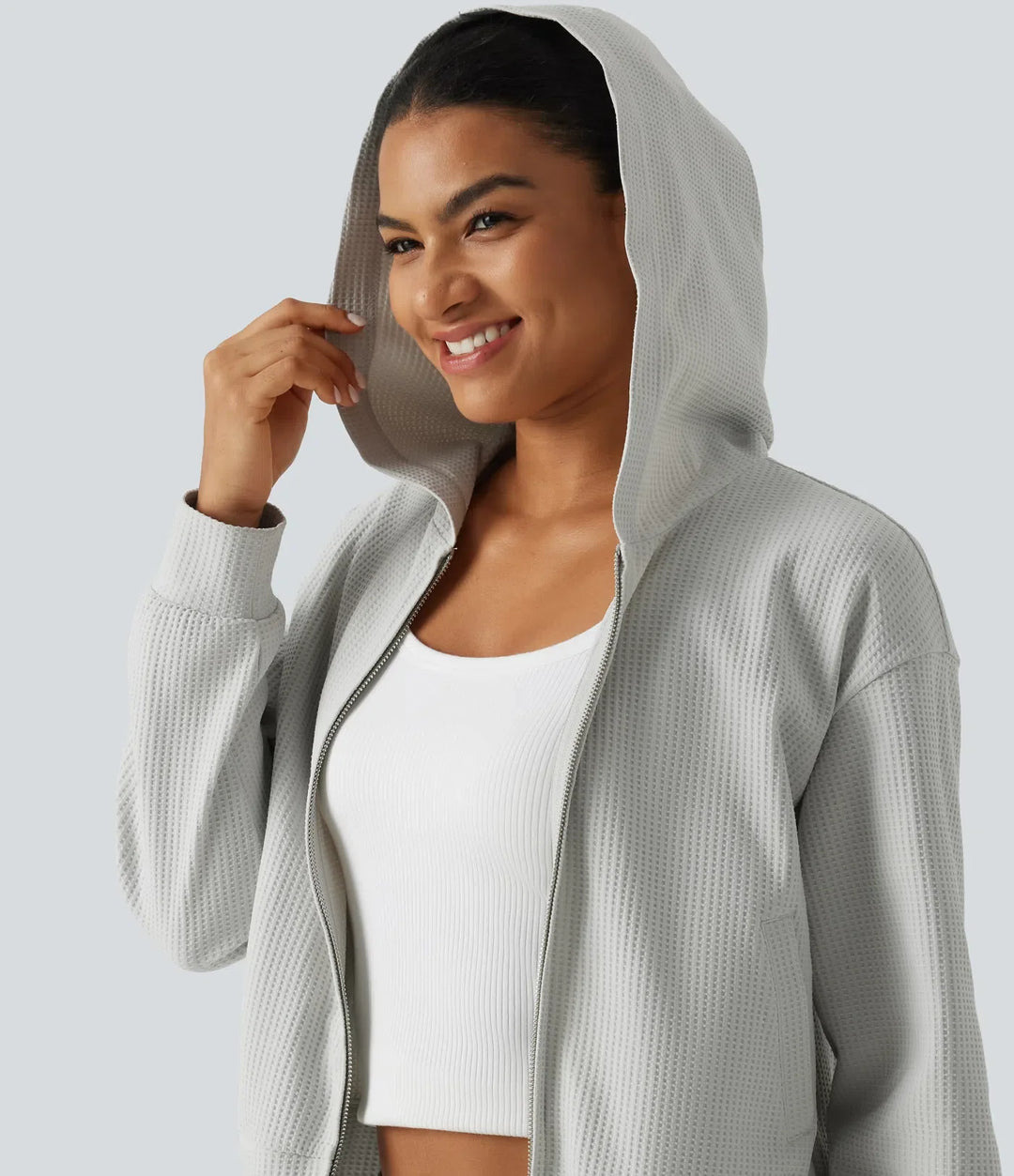Hooded Long Sleeve Waffle Casual Jacket with Pockets