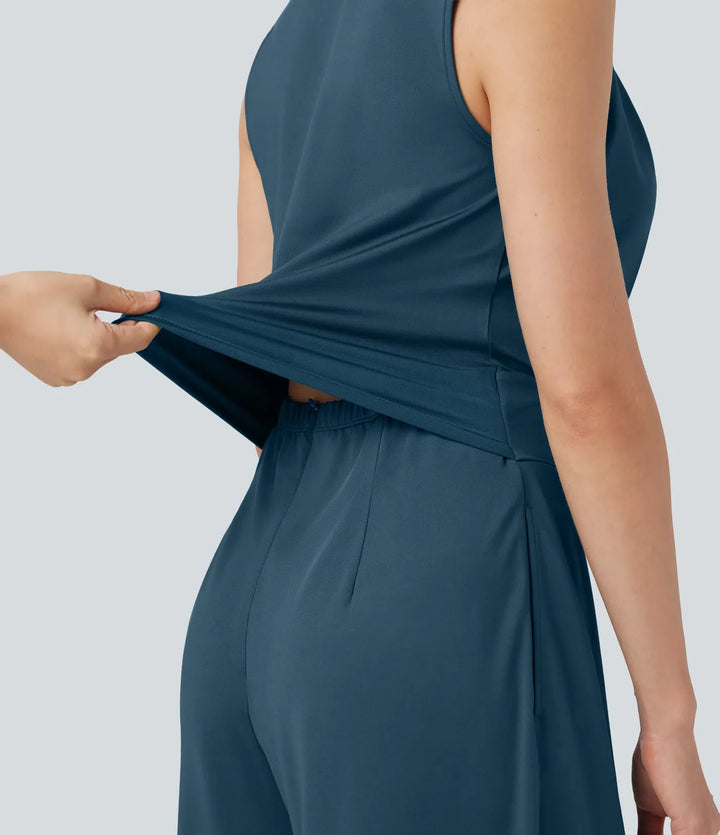 V-neck Sleeveless Pleated Crossover Tummy Control Casual Jumpsuit with Pockets-Easy Peezy