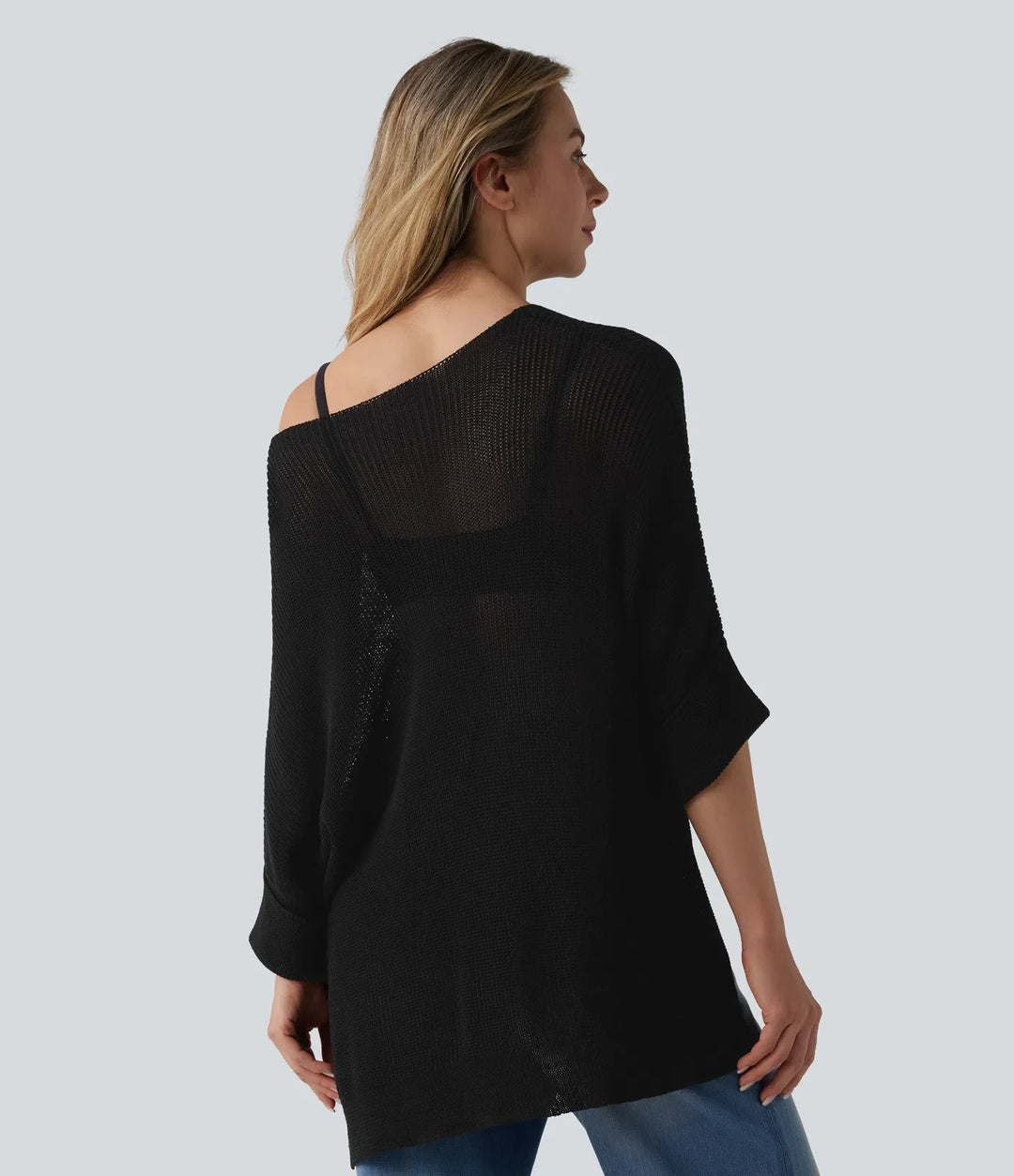 One-shoulder Half Sleeve Split Hem Oversize Casual Jumper with Pocket