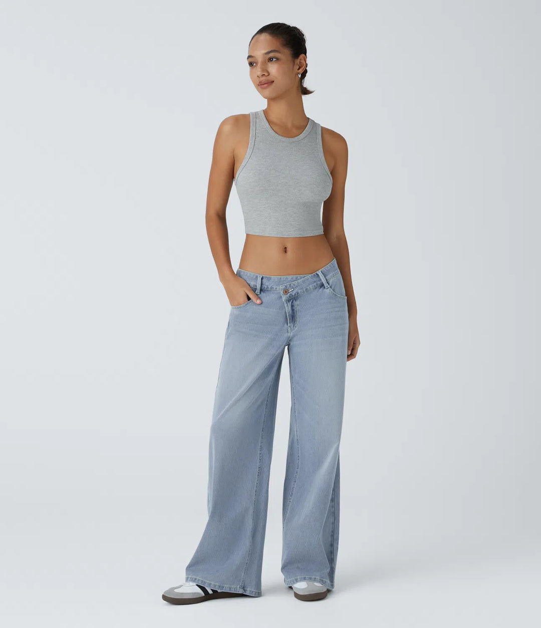 Halara Flex Asymmetric Low Rise Zipper Pockets Baggy Wide Leg Washed Casual Jeans