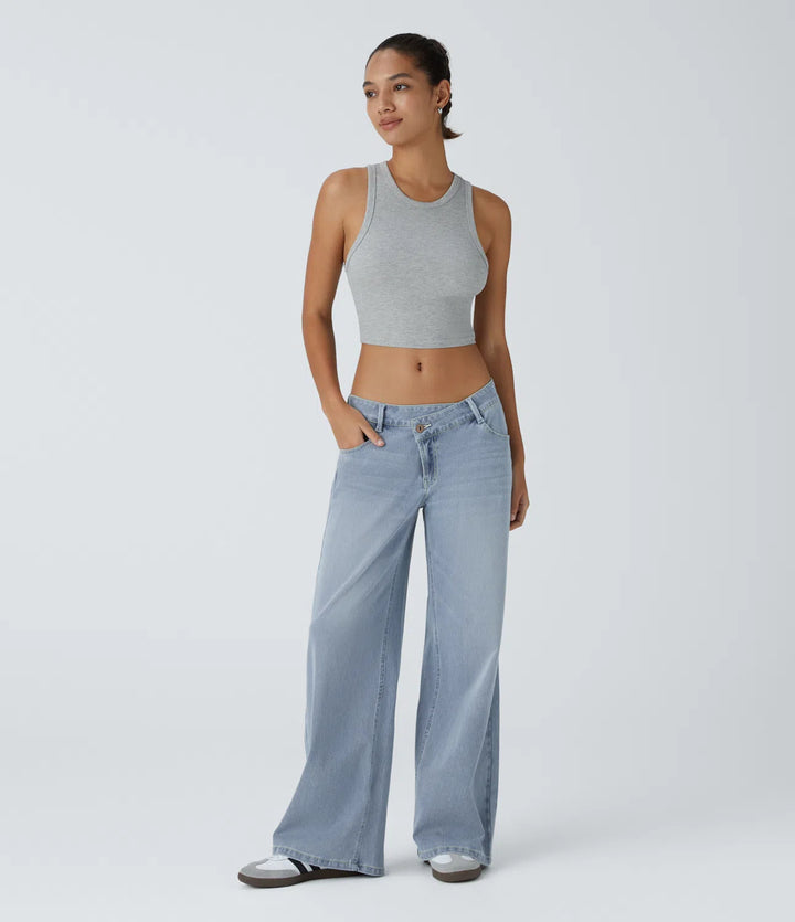 Halara Flex Asymmetric Low Rise Zipper Pockets Baggy Wide Leg Washed Casual Jeans