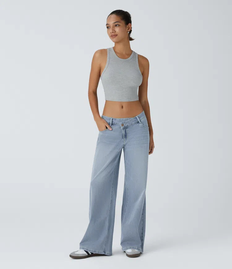 Halara Flex Asymmetric Low Rise Zipper Pockets Baggy Wide Leg Washed Casual Jeans