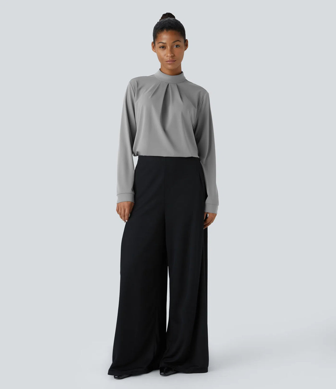 Stand Collar Button Back Long Sleeve Work Blouse