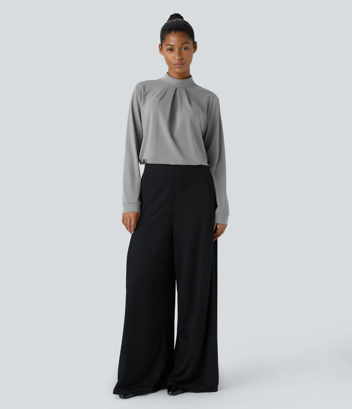 Stand Collar Button Back Long Sleeve Work Blouse
