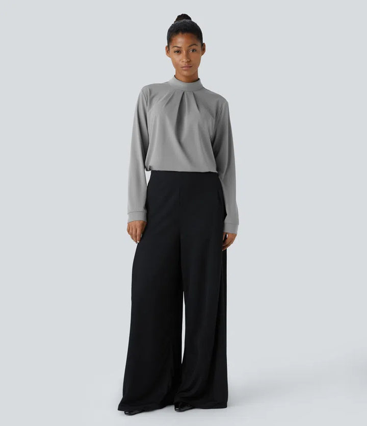Stand Collar Button Back Long Sleeve Work Blouse