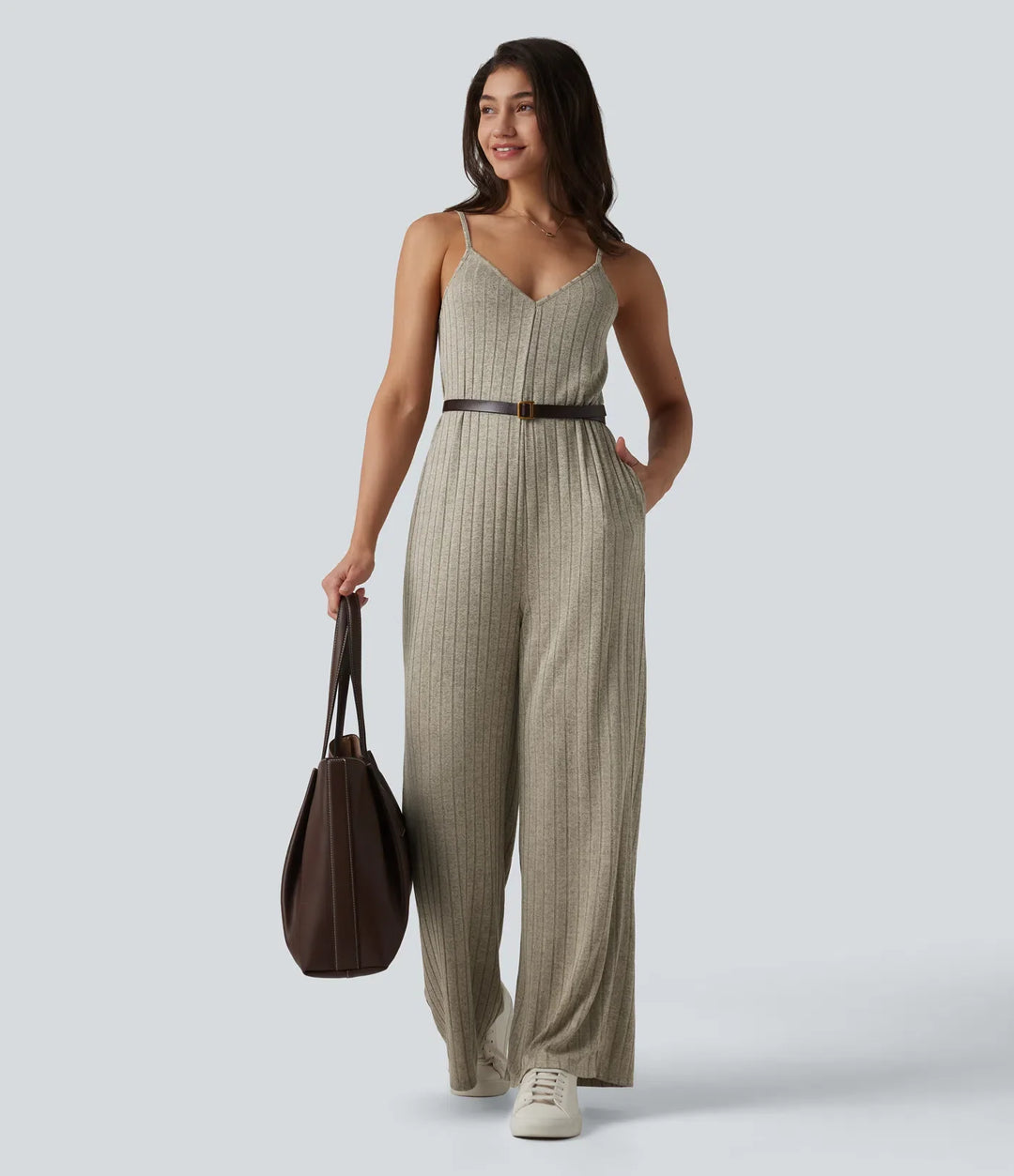 Ribbed Knit V Neck Casual Slip Jumpsuit with Pockets