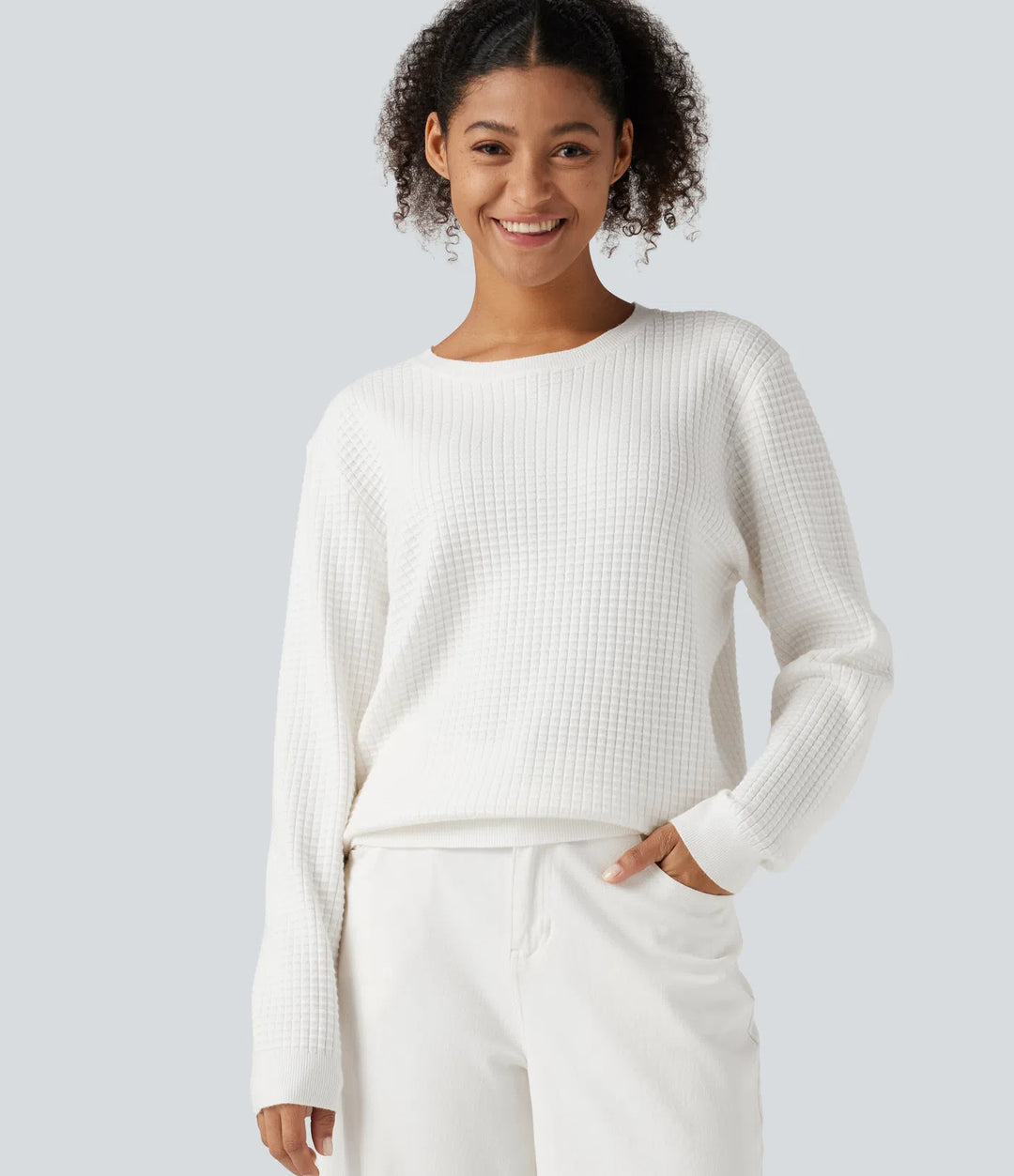 Round Neck Long Sleeve Waffle Casual Jumper