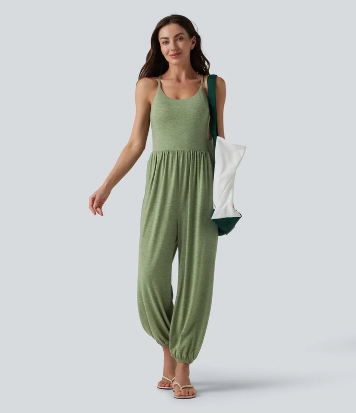 Crisscross Backless Sleeveless Built-in Bra Heathered Casual Jumpsuit with Pockets-Easy Peezy
