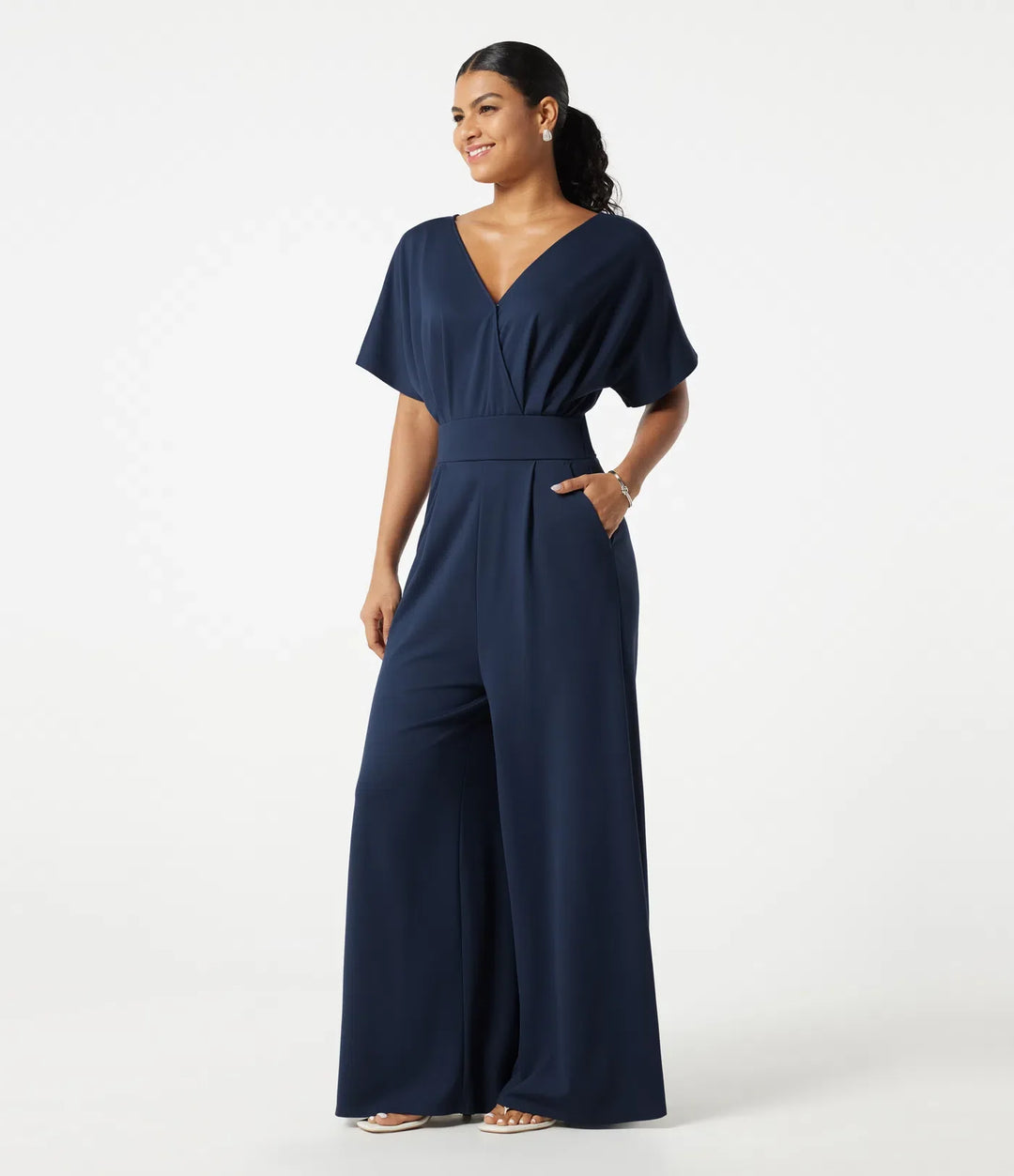 V Neck Short Sleeve Ruched Wide Leg Casual Jumpsuit with Pockets -Easy Peezy Edition