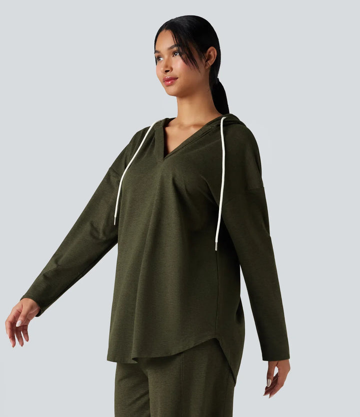 Hooded Curved Hem Oversized Quick Dry Casual Heathered Sweatshirt-UPF40+