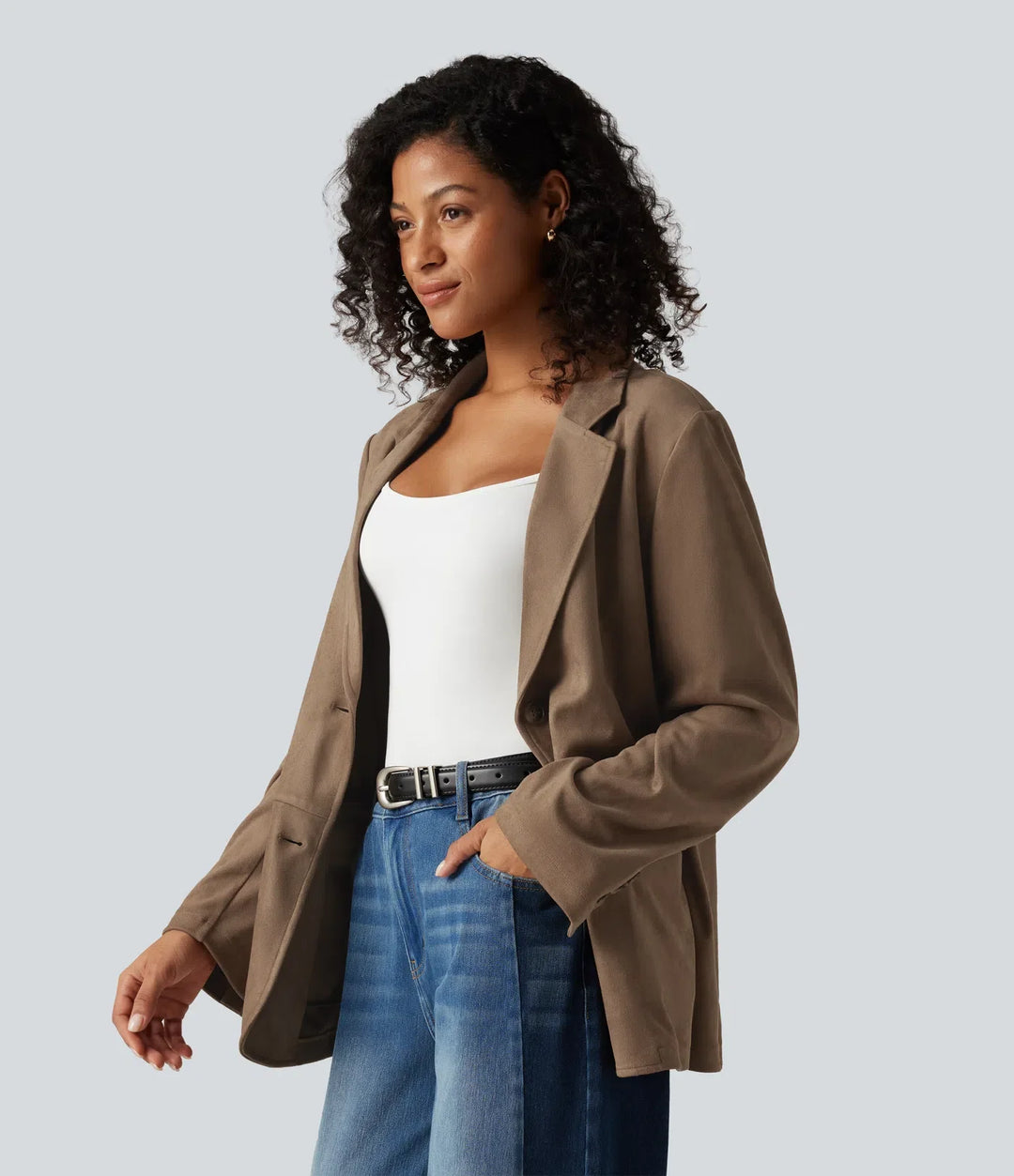 Notched Collar Long Sleeve Suede Casual Blazer with Pockets