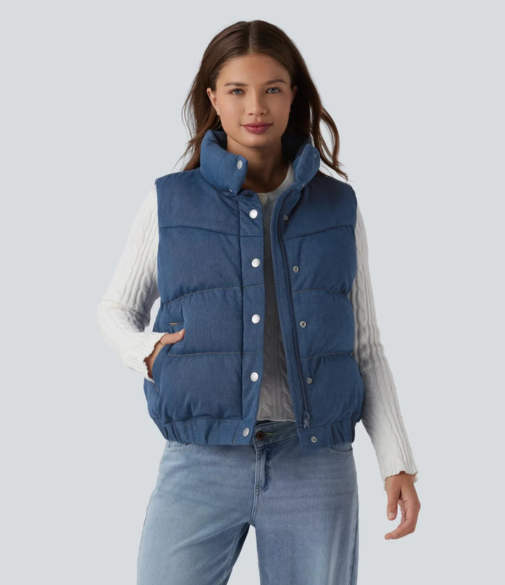 Halara Flex Denim Stand Collar Casual Puffer Vest with Pockets
